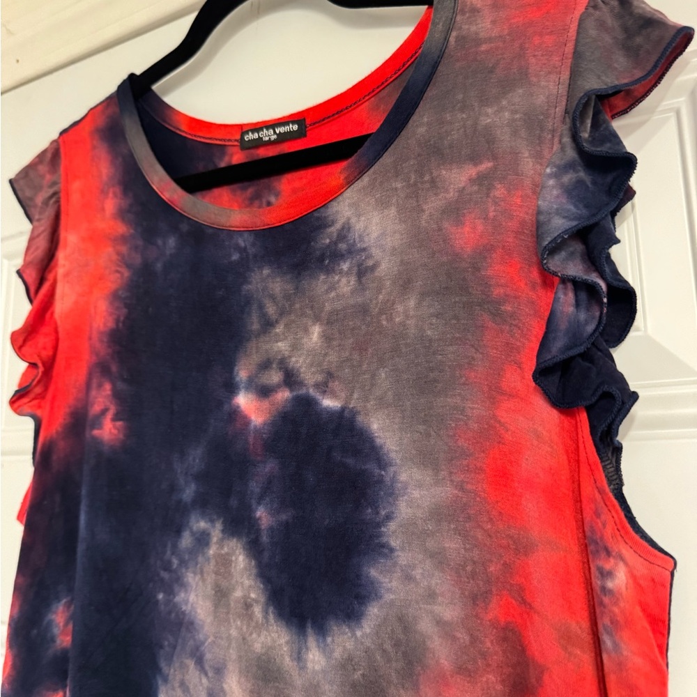 Cha Cha Vente Red and Blue Tie-Dye Ruffle Top - Picture 2 of 4